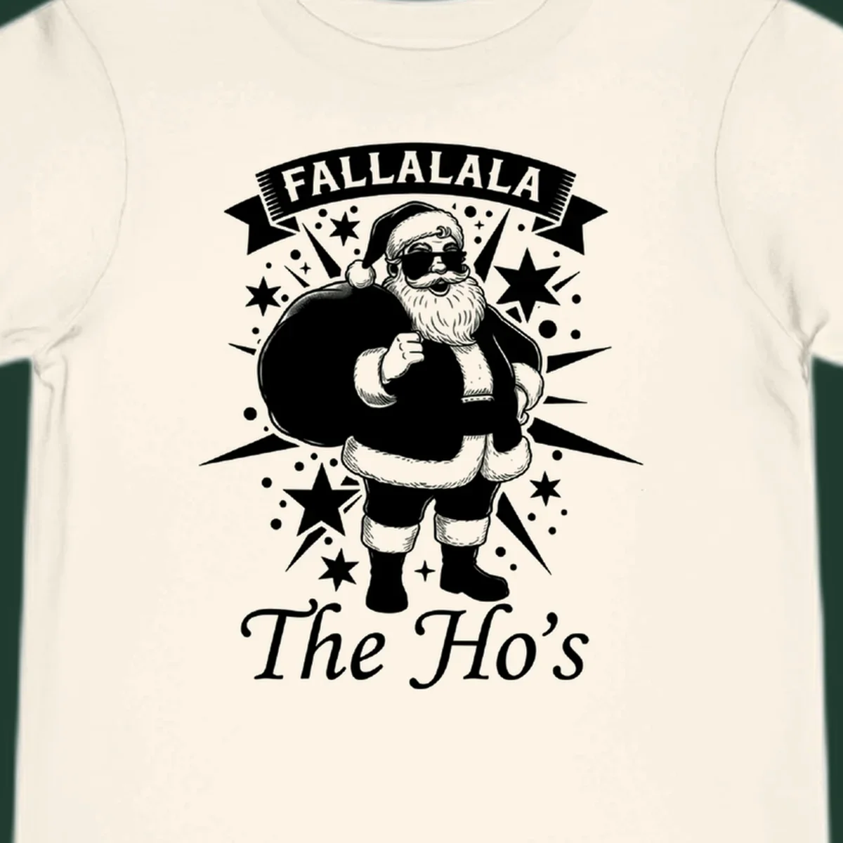 Illustration of Santa Claus with 'FALLALALA The Ho's' text, black and white graphic.