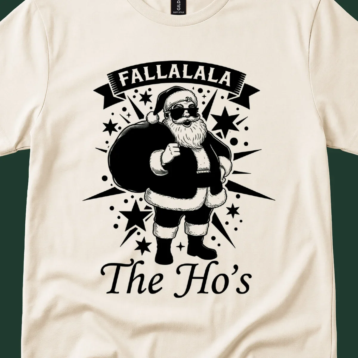 Illustration of Santa Claus with 'FALLALALA The Ho's' text, black and white graphic.