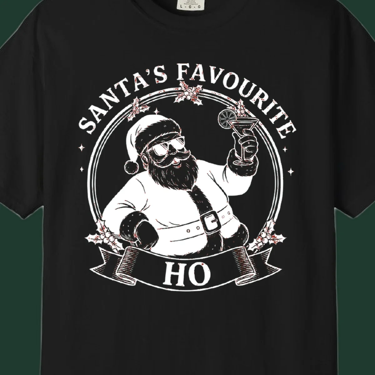 Santa Claus illustration with sunglasses holding a cocktail, text 'SANTA'S FAVOURITE HO', santa-cocktail-time