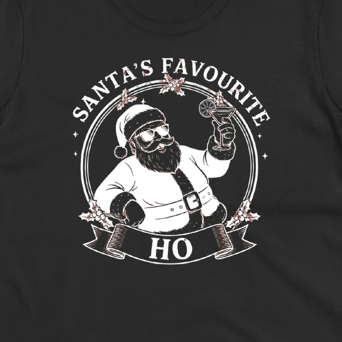 Santa Claus illustration with sunglasses holding a cocktail, text 'SANTA'S FAVOURITE HO', santa-cocktail-time
