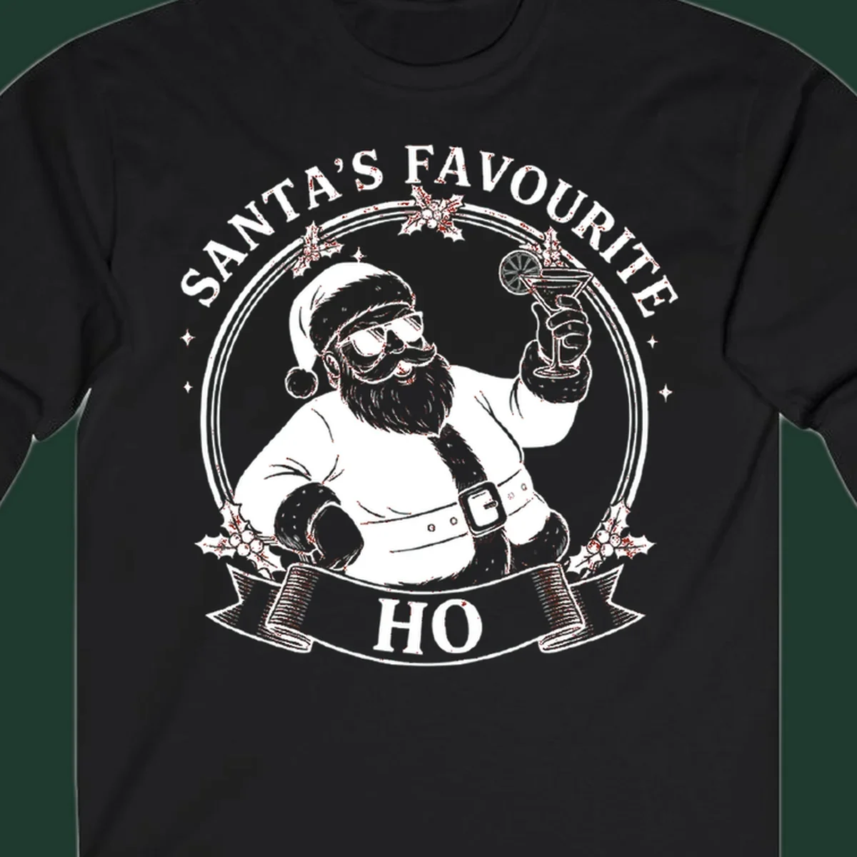 Santa Claus illustration with sunglasses holding a cocktail, text 'SANTA'S FAVOURITE HO', santa-cocktail-time