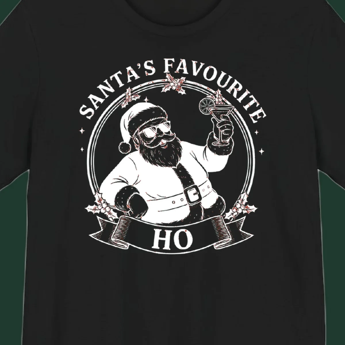 Santa Claus illustration with sunglasses holding a cocktail, text 'SANTA'S FAVOURITE HO', santa-cocktail-time