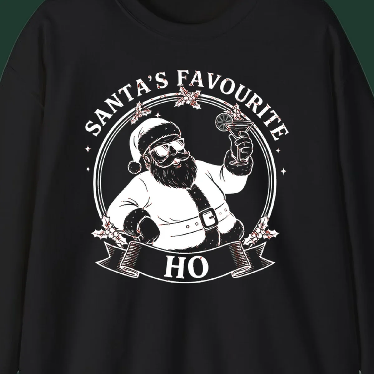 Santa Claus illustration with sunglasses holding a cocktail, text 'SANTA'S FAVOURITE HO', santa-cocktail-time