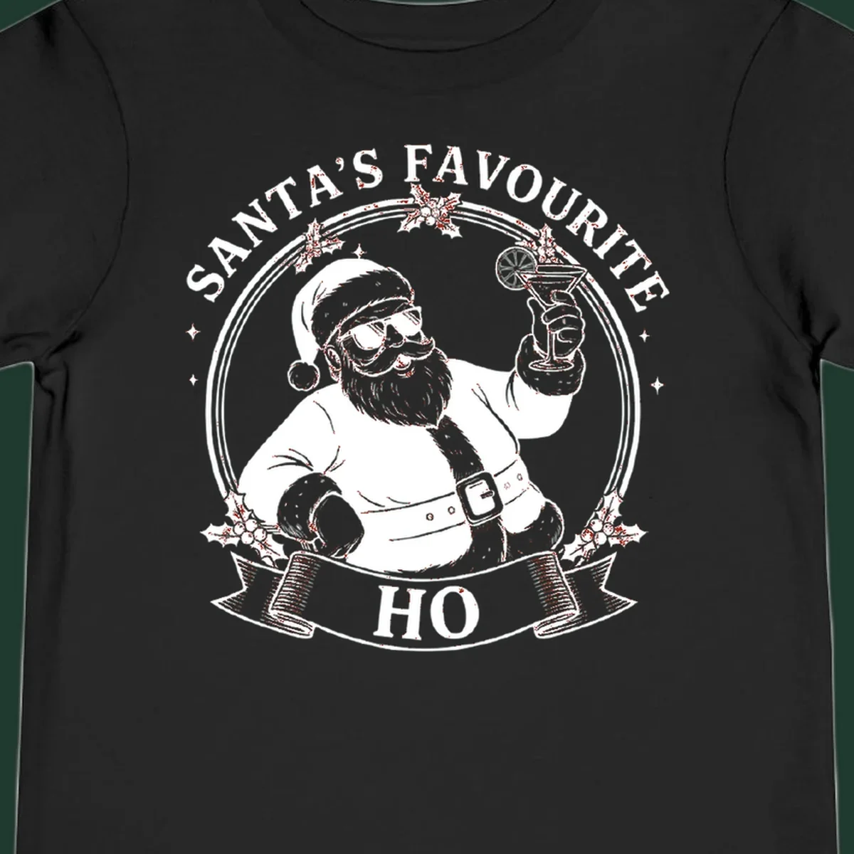 Santa Claus illustration with sunglasses holding a cocktail, text 'SANTA'S FAVOURITE HO', santa-cocktail-time