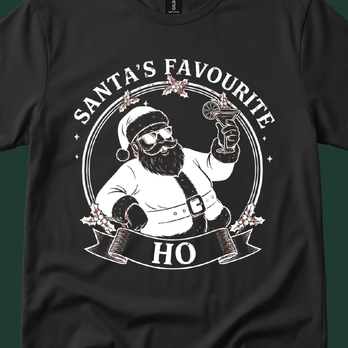 Santa Claus illustration with sunglasses holding a cocktail, text 'SANTA'S FAVOURITE HO', santa-cocktail-time
