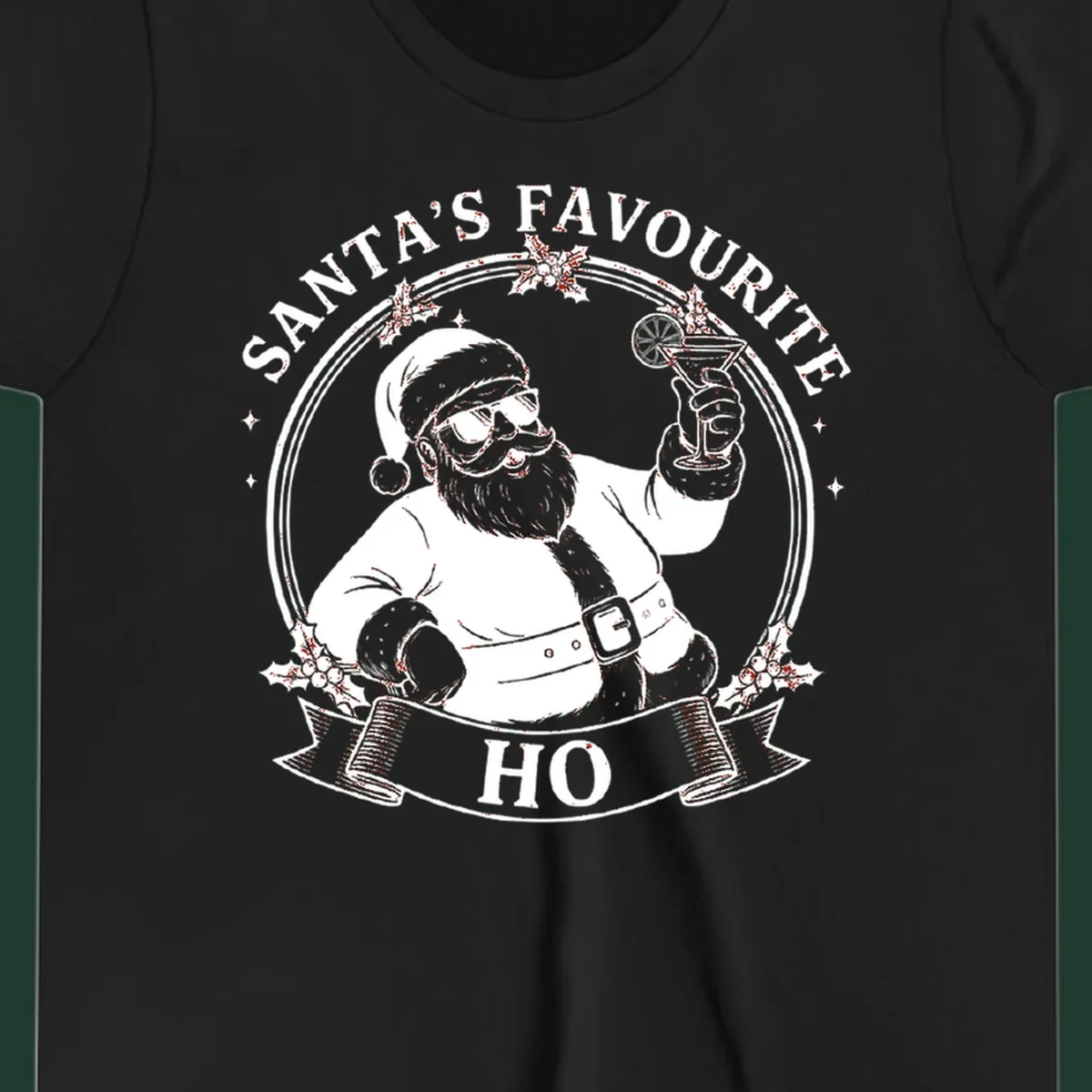 Santa Claus illustration with sunglasses holding a cocktail, text 'SANTA'S FAVOURITE HO', santa-cocktail-time