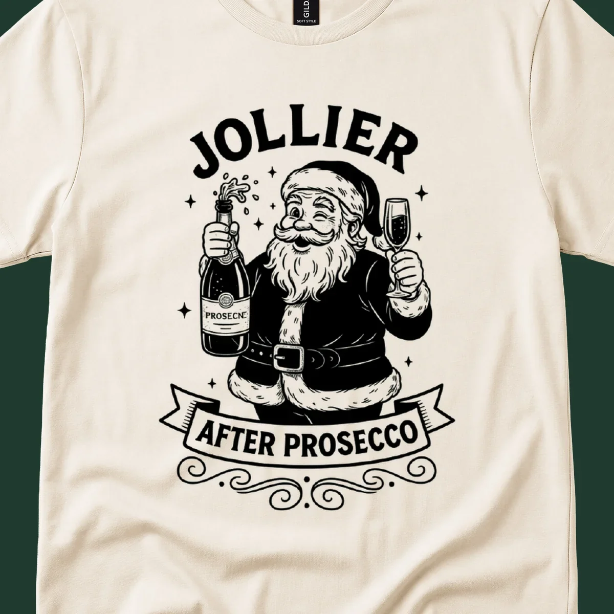 Santa Claus holding prosecco bottle and glass with text 'Jollier After Prosecco'.