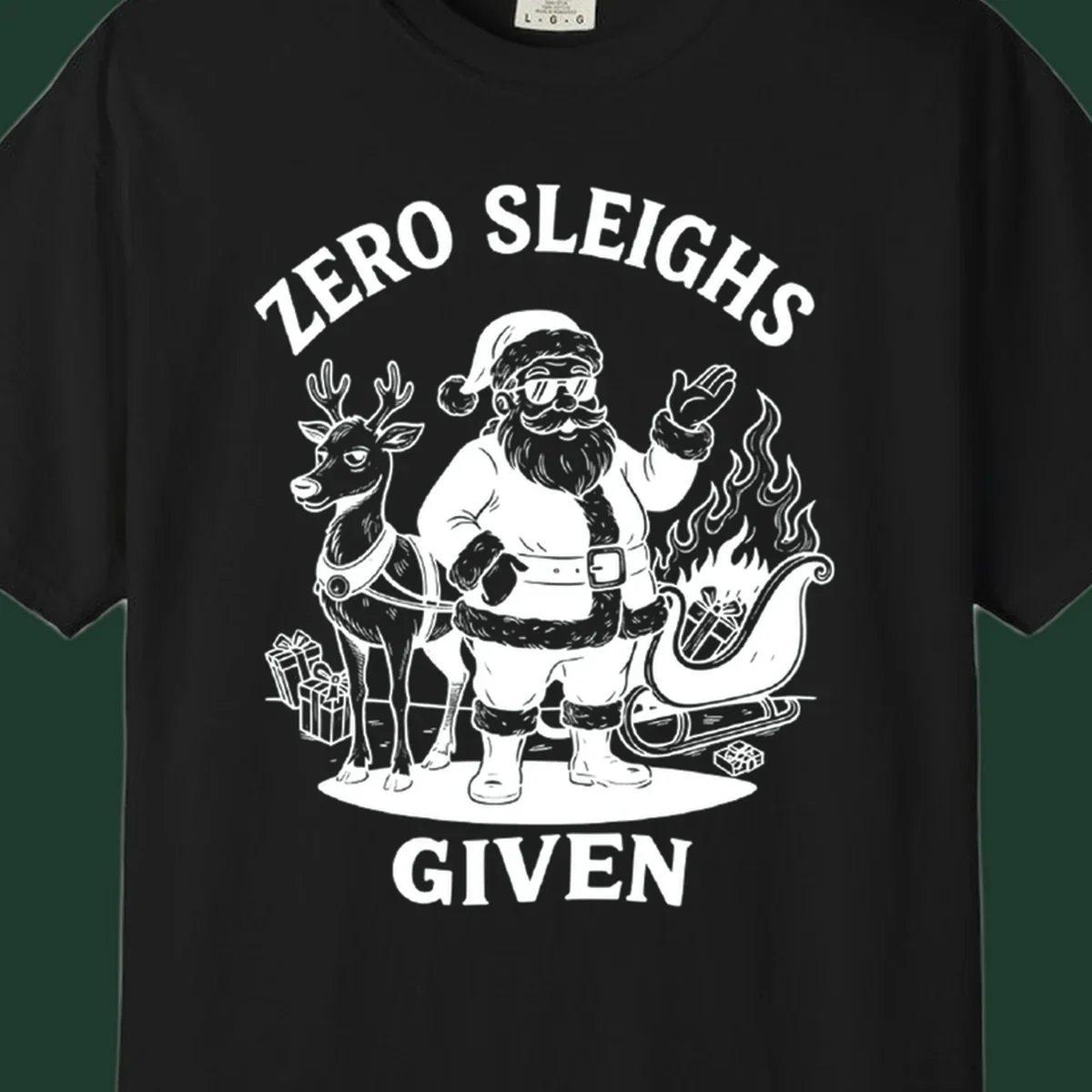Zero sleighs given graphic tee with cool Santa, reindeer, and flaming sleigh.