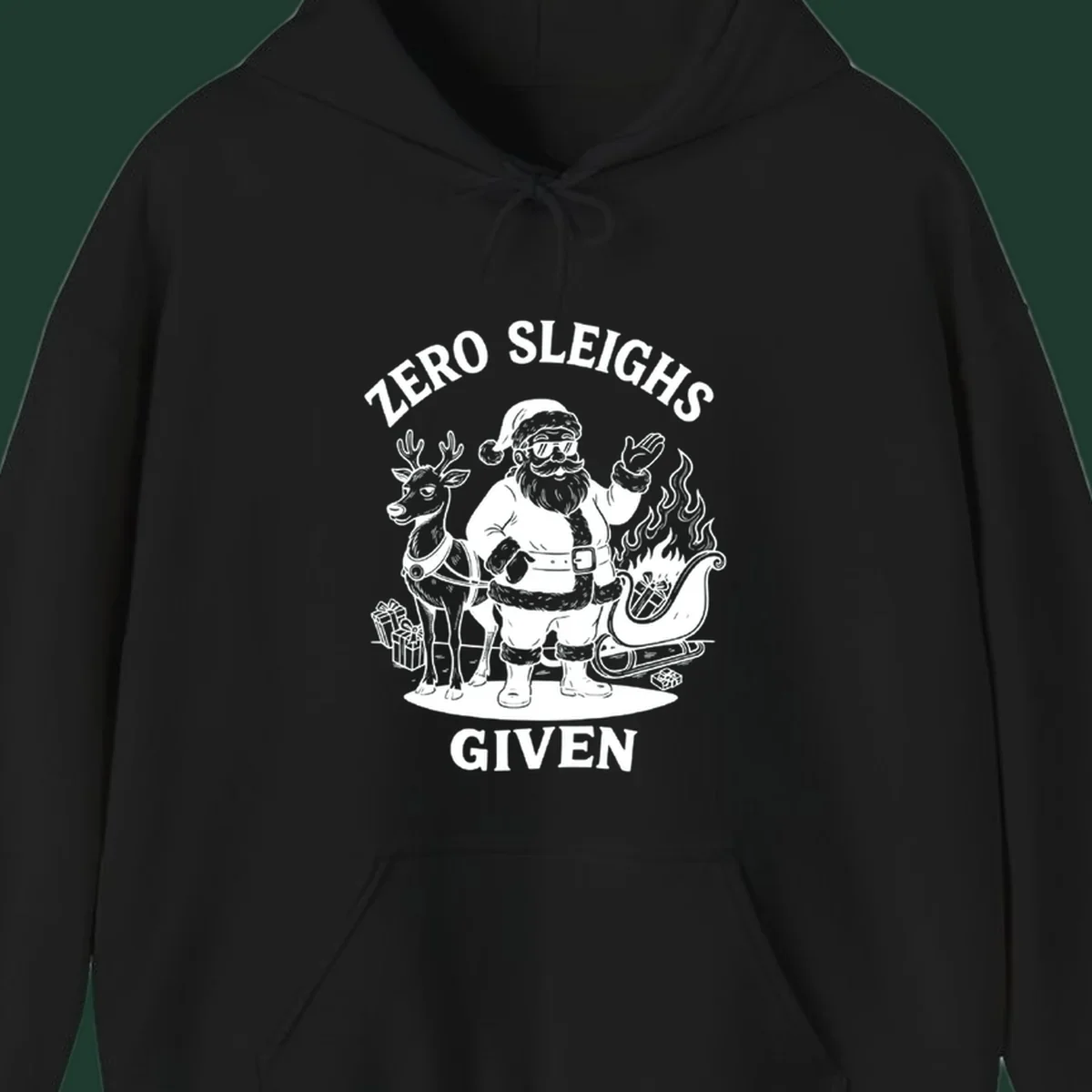 Zero sleighs given graphic tee with cool Santa, reindeer, and flaming sleigh.