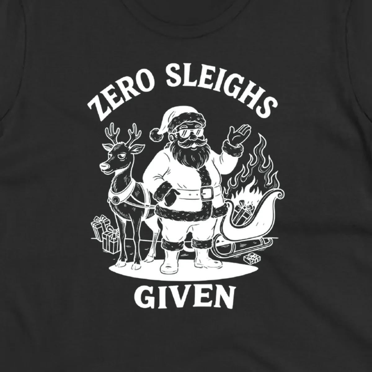 Zero sleighs given graphic tee with cool Santa, reindeer, and flaming sleigh.