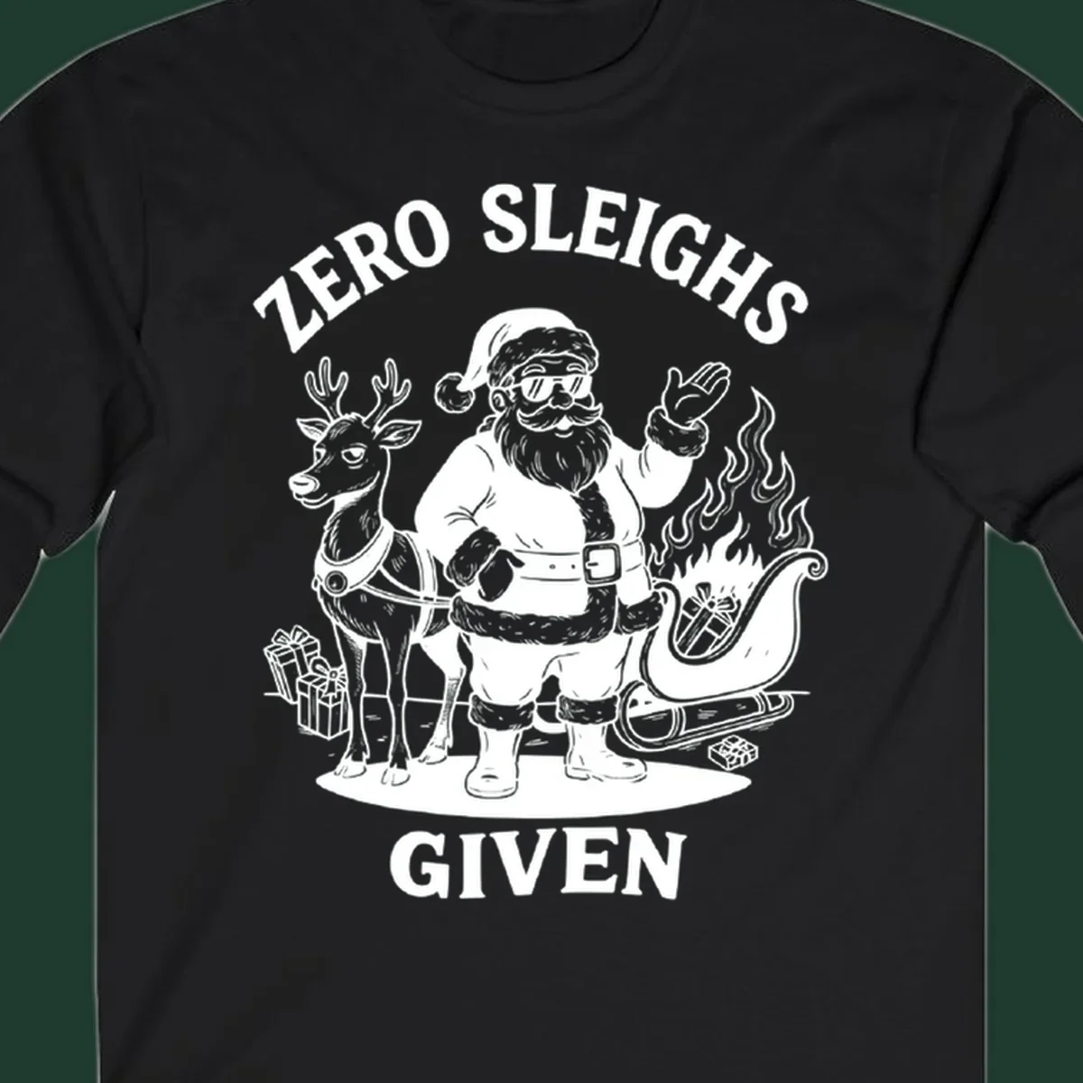 Zero sleighs given graphic tee with cool Santa, reindeer, and flaming sleigh.