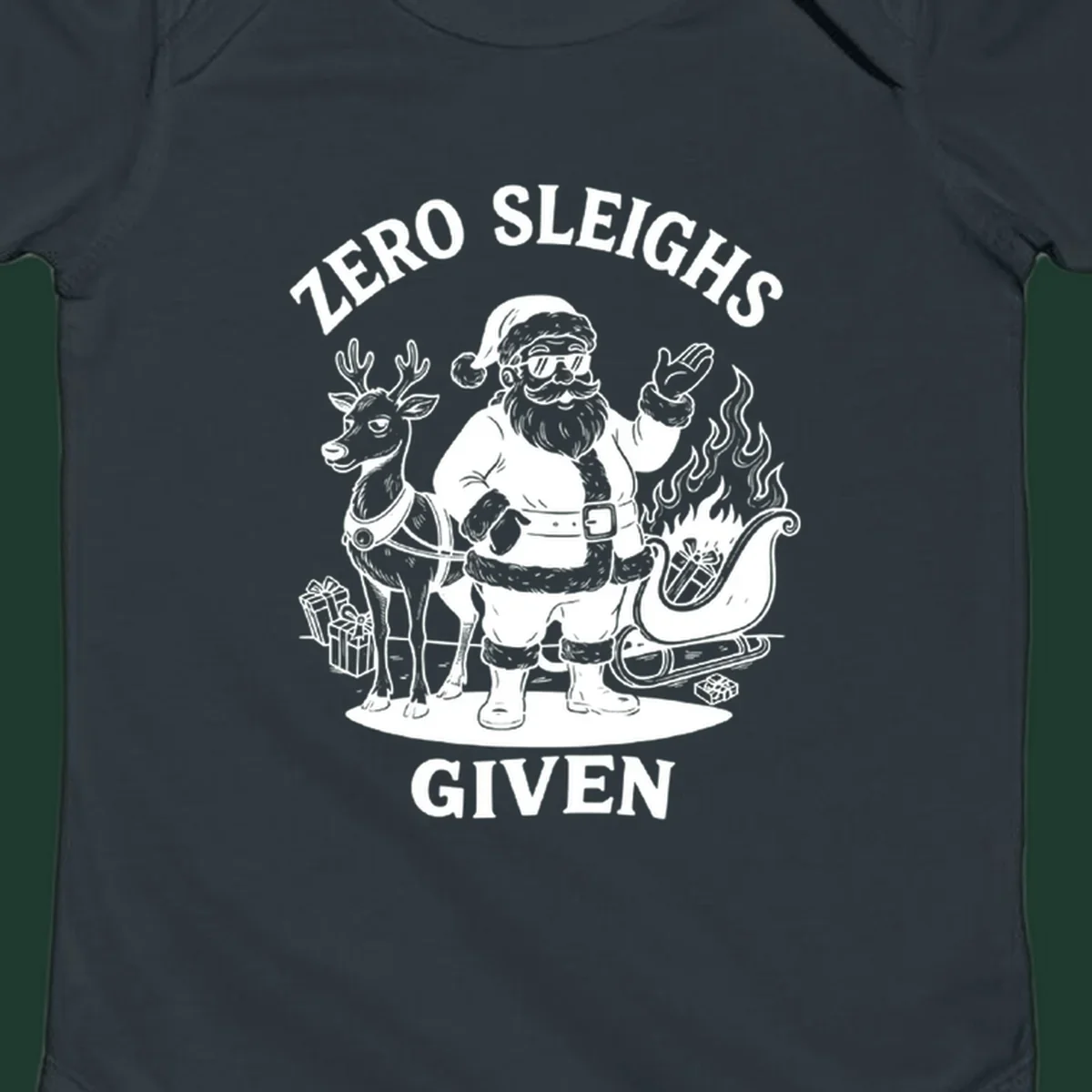 Zero sleighs given graphic tee with cool Santa, reindeer, and flaming sleigh.