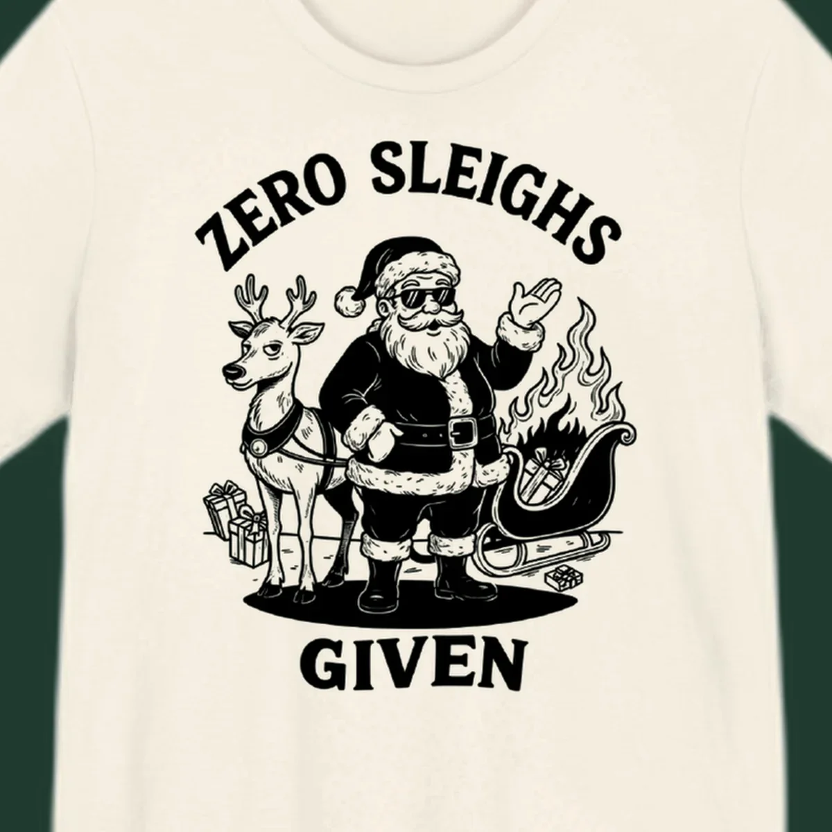 Zero sleighs given graphic tee with cool Santa, reindeer, and flaming sleigh.