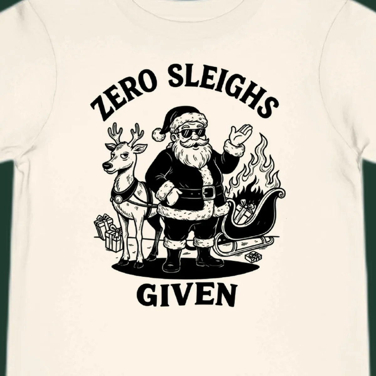 Zero sleighs given graphic tee with cool Santa, reindeer, and flaming sleigh.