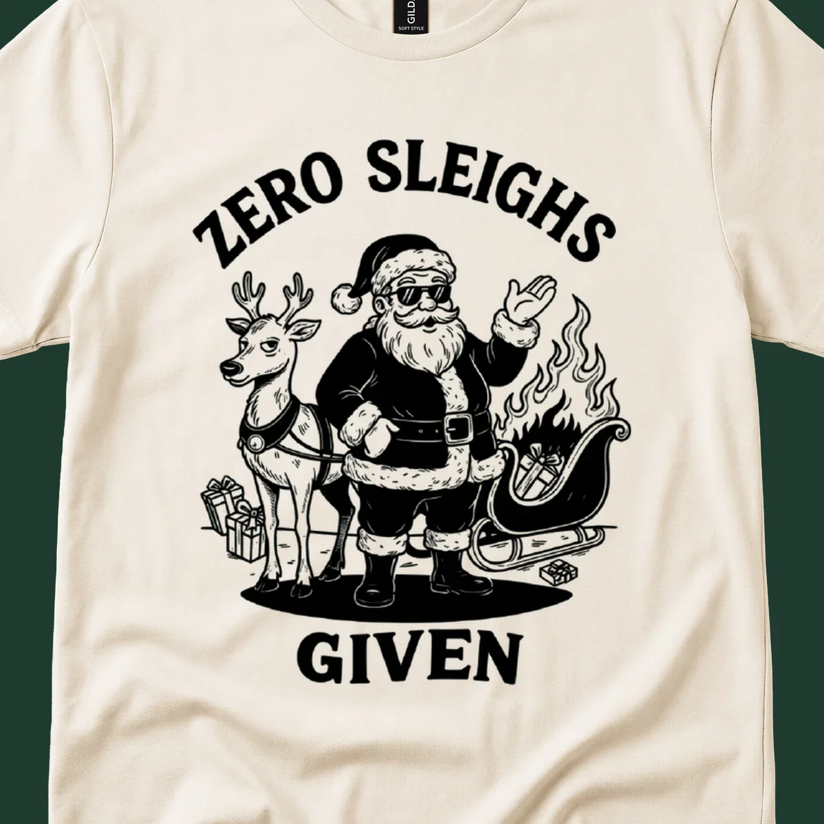 Zero sleighs given graphic tee with cool Santa, reindeer, and flaming sleigh.