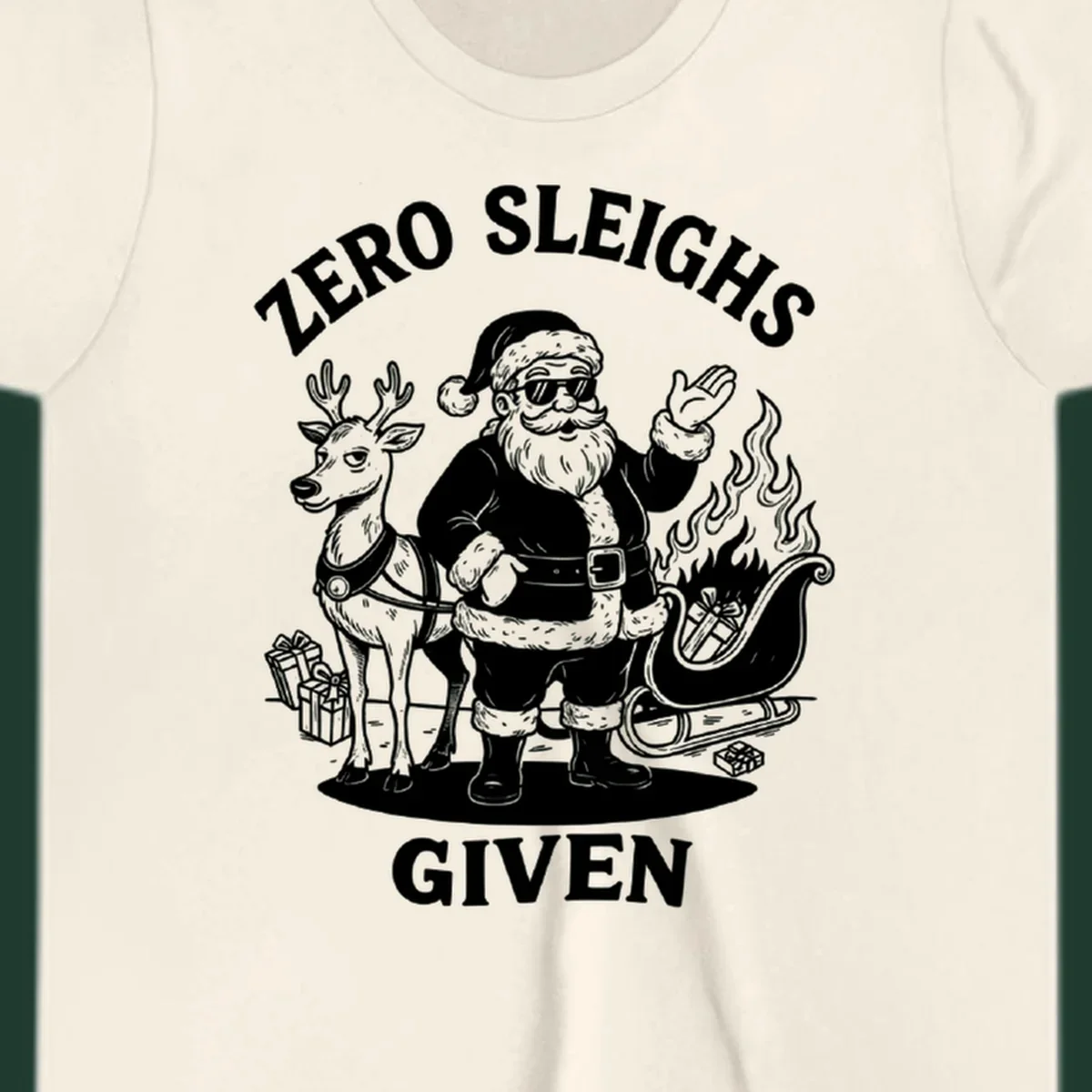 Zero sleighs given graphic tee with cool Santa, reindeer, and flaming sleigh.