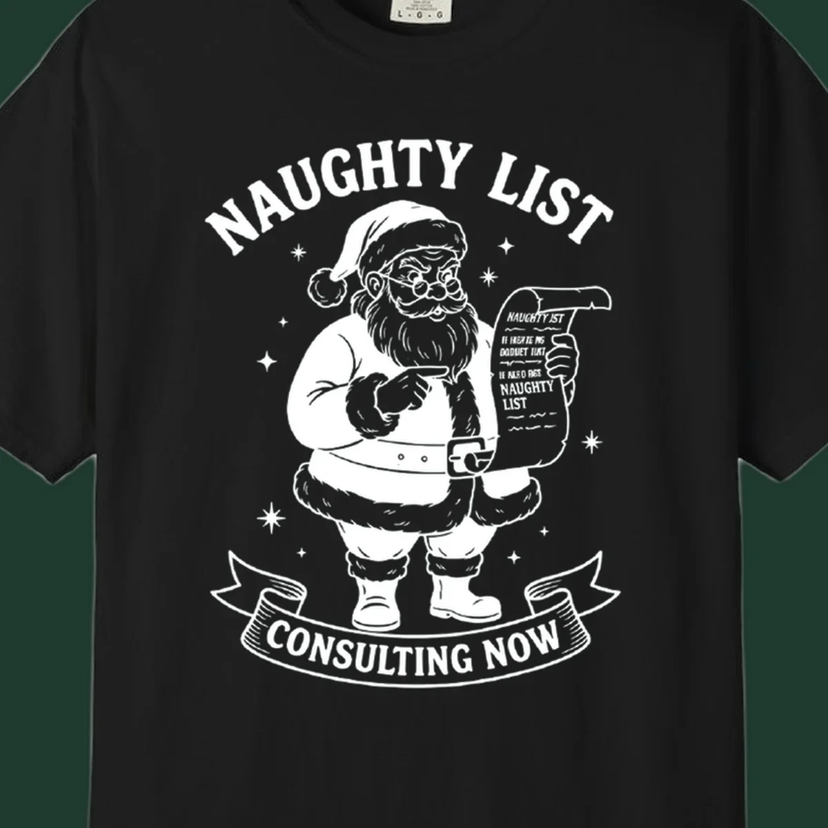 Illustration of Santa Claus pointing to his naughty list, with text "Naughty List Consulting Now".