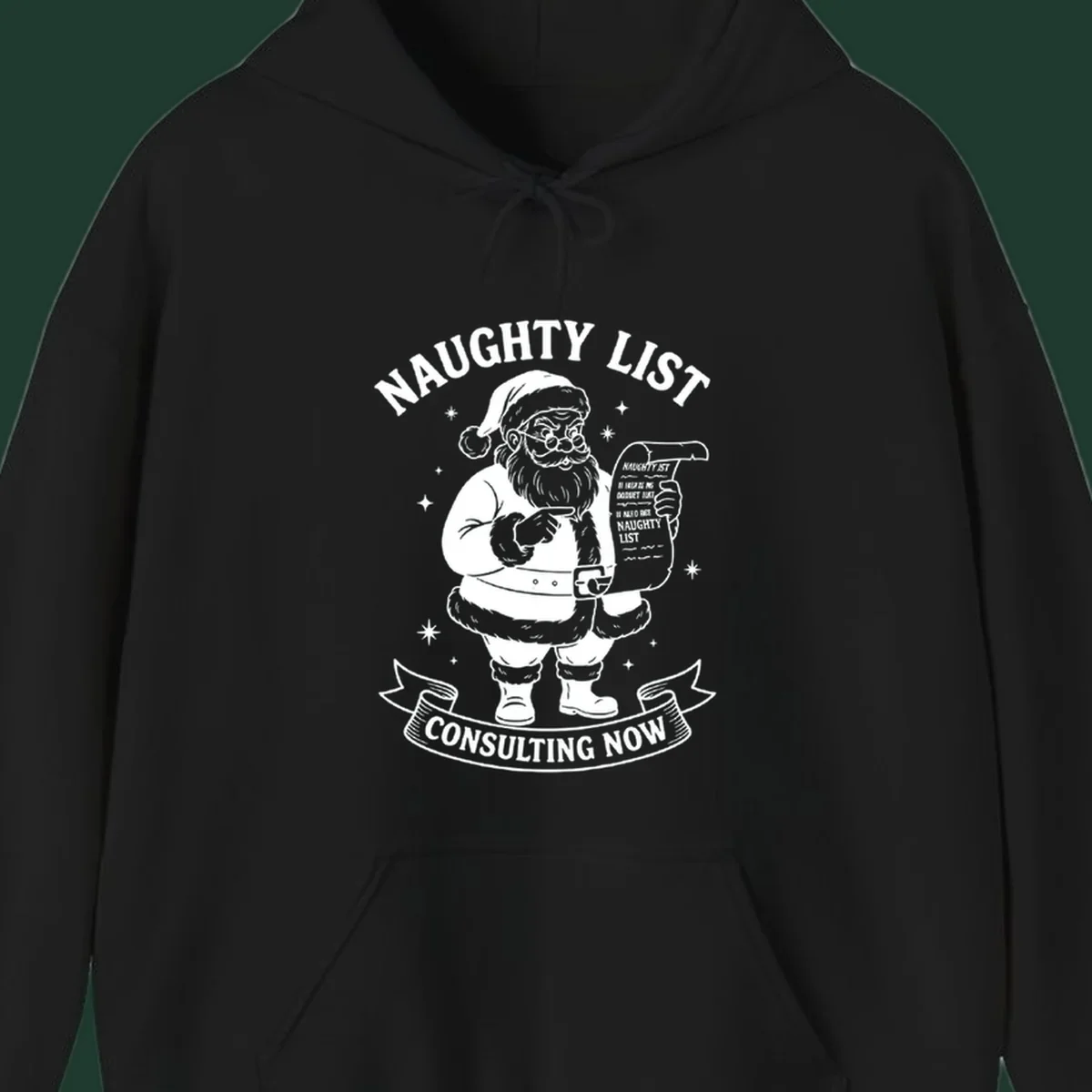 Illustration of Santa Claus pointing to his naughty list, with text "Naughty List Consulting Now".
