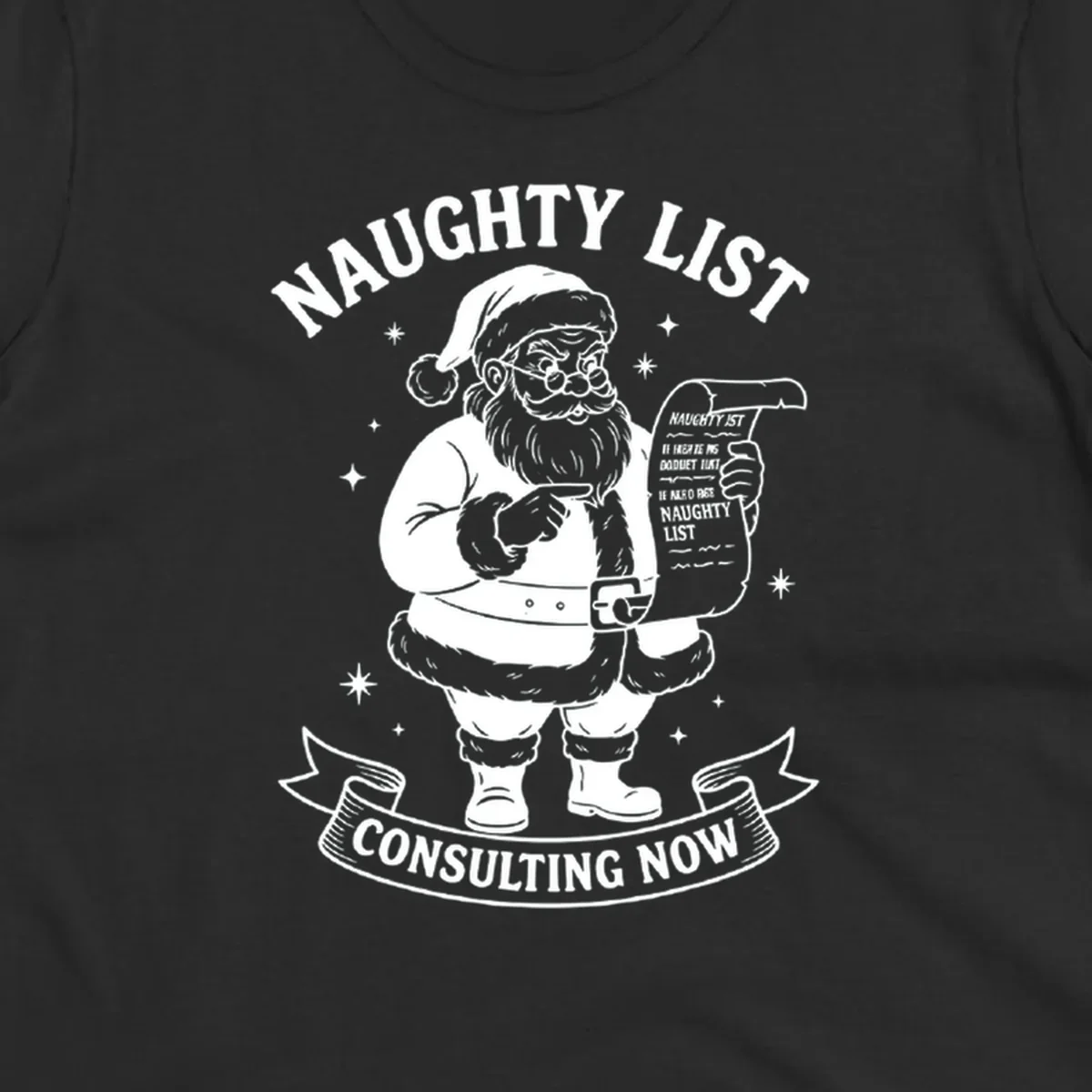 Illustration of Santa Claus pointing to his naughty list, with text "Naughty List Consulting Now".