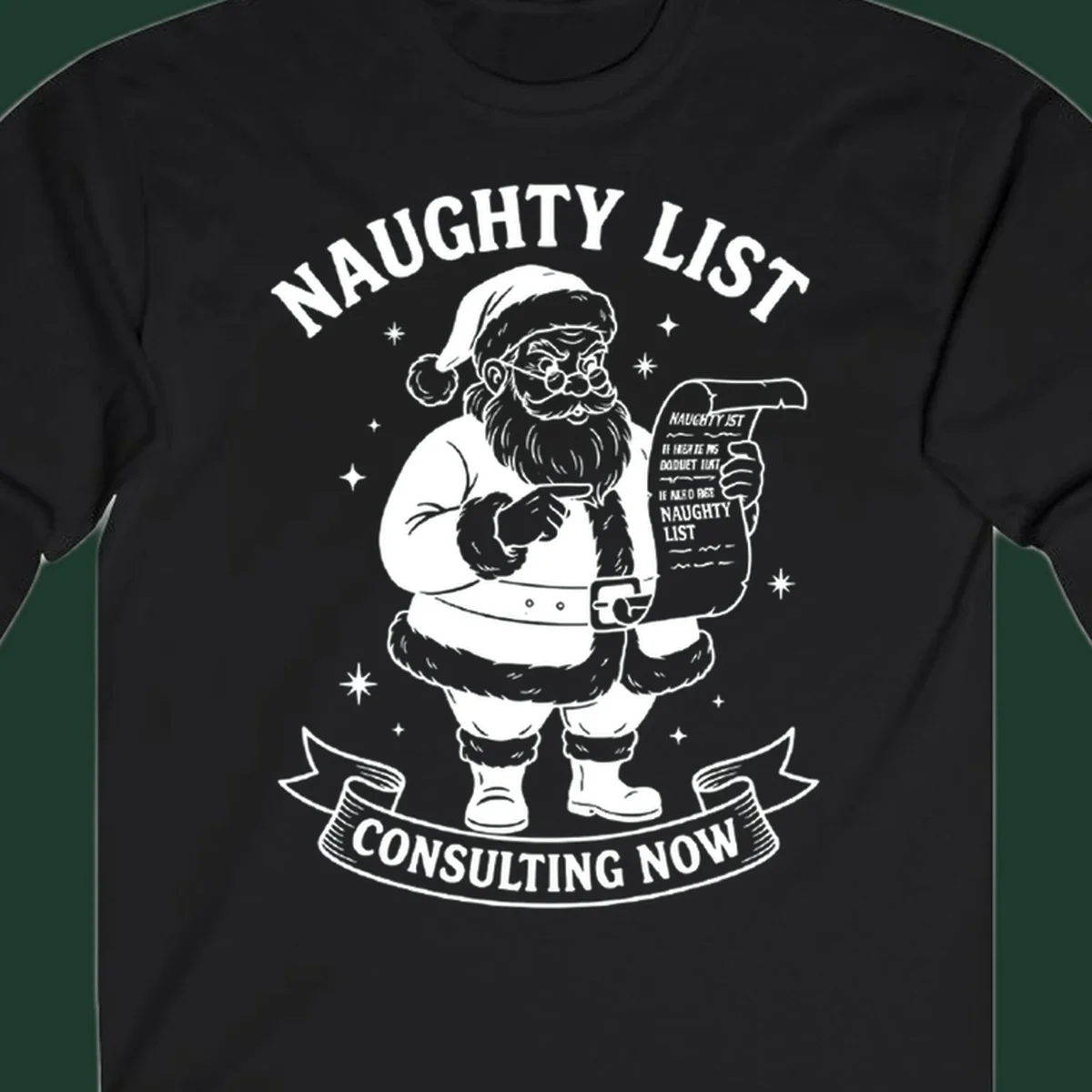 Illustration of Santa Claus pointing to his naughty list, with text "Naughty List Consulting Now".