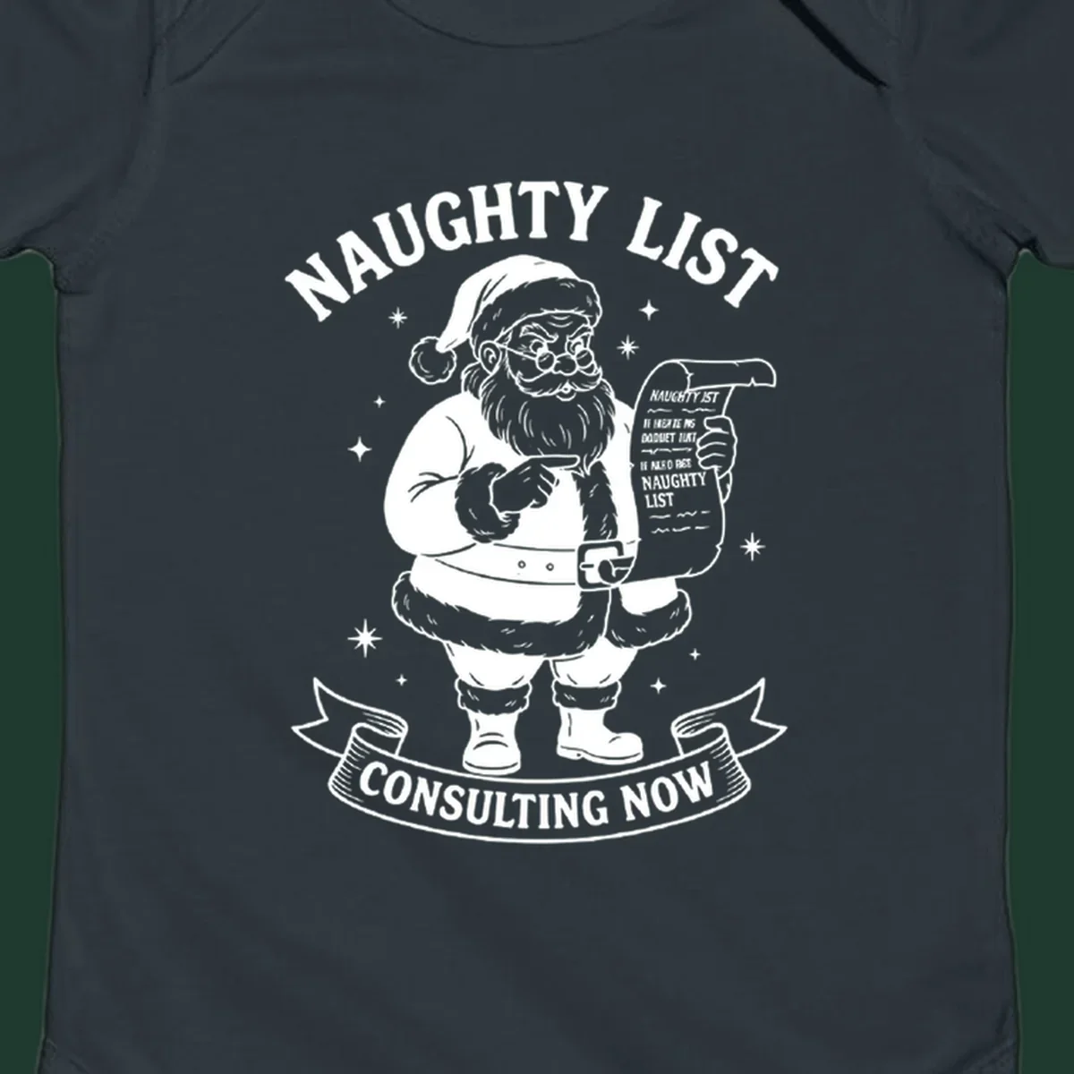 Illustration of Santa Claus pointing to his naughty list, with text "Naughty List Consulting Now".