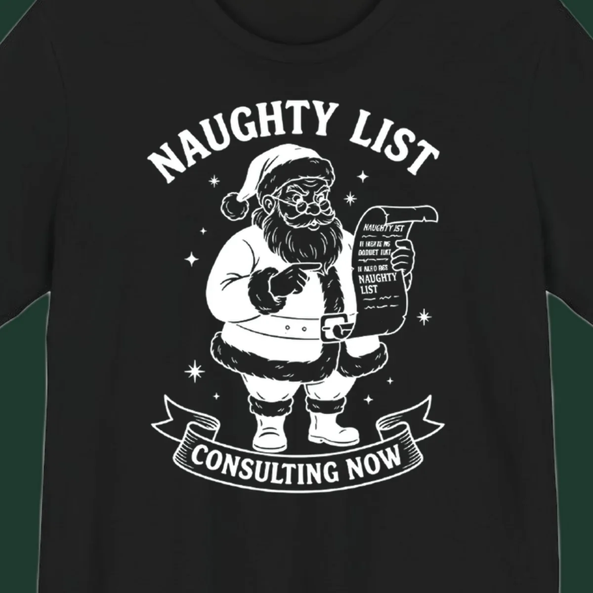 Illustration of Santa Claus pointing to his naughty list, with text "Naughty List Consulting Now".