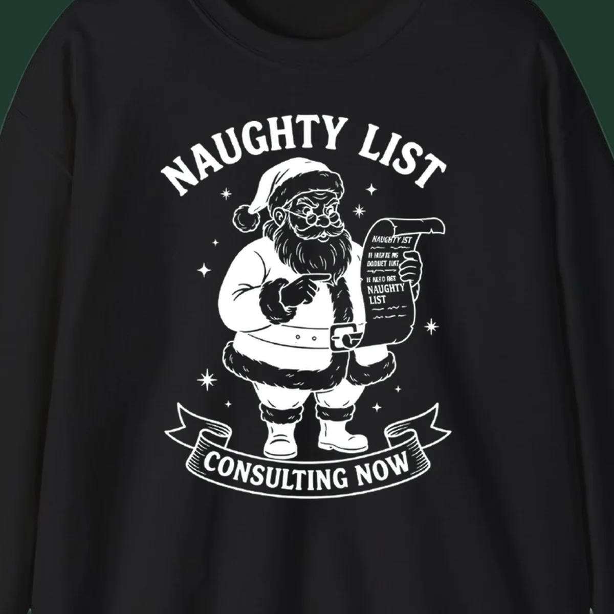 Illustration of Santa Claus pointing to his naughty list, with text "Naughty List Consulting Now".