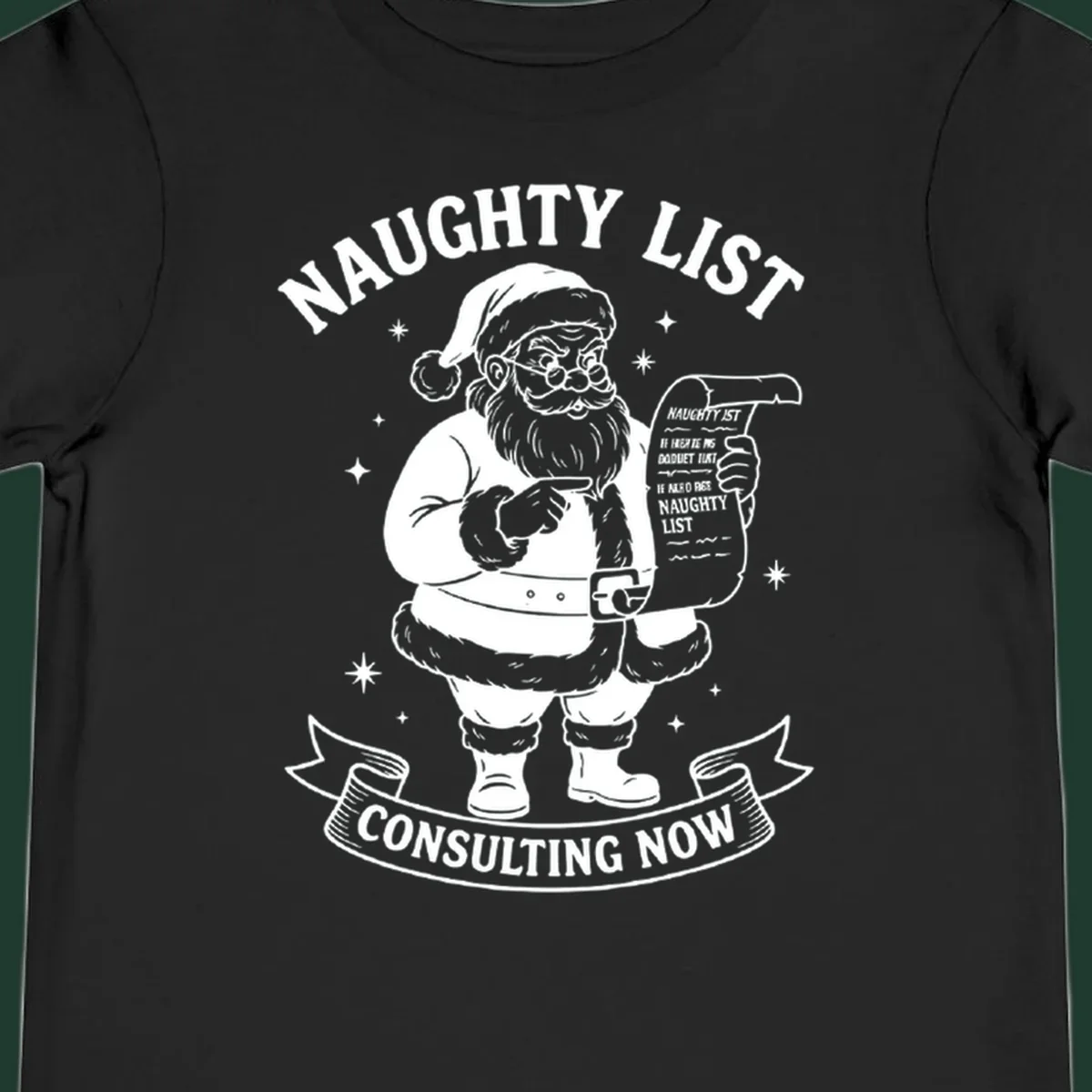 Illustration of Santa Claus pointing to his naughty list, with text "Naughty List Consulting Now".