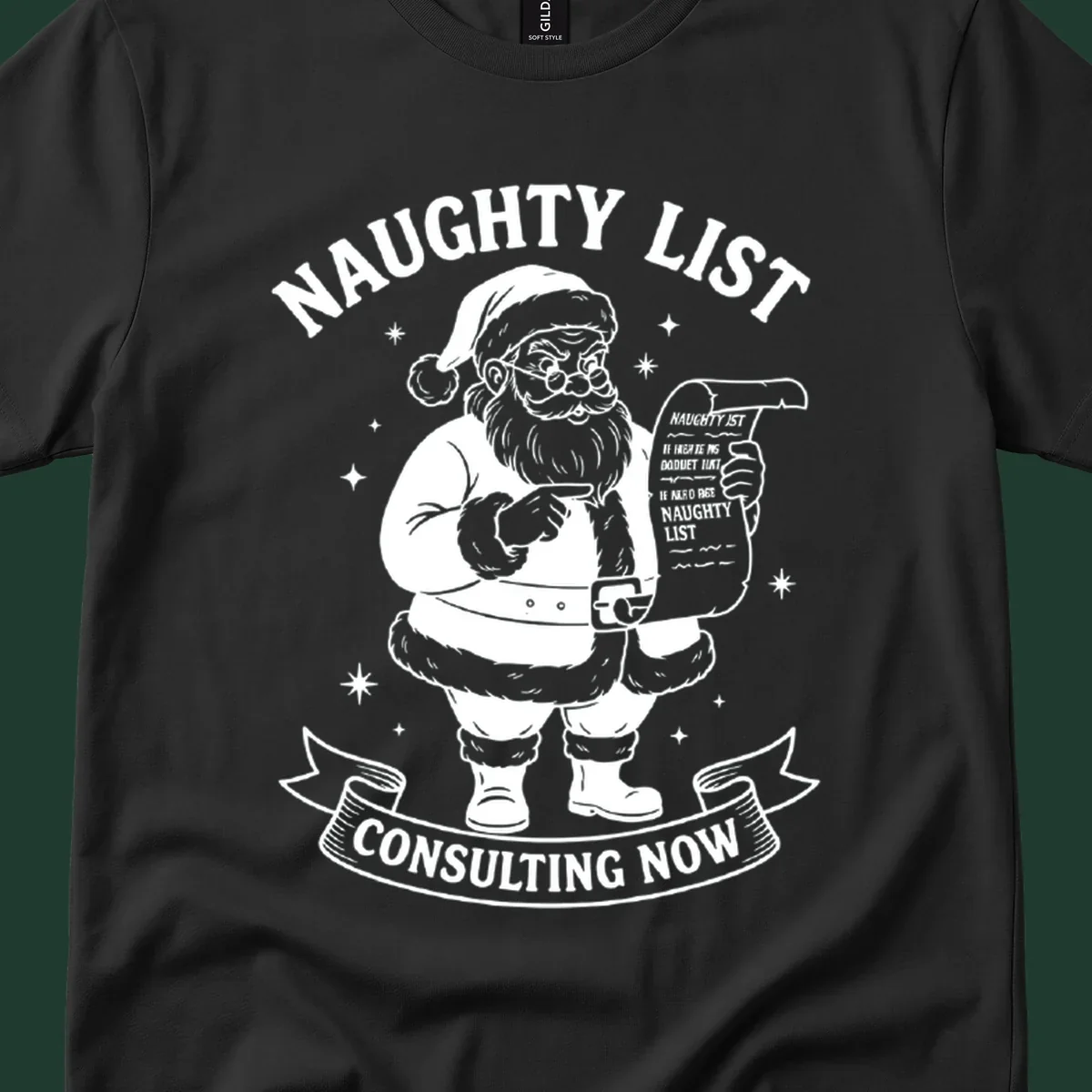 Illustration of Santa Claus pointing to his naughty list, with text "Naughty List Consulting Now".