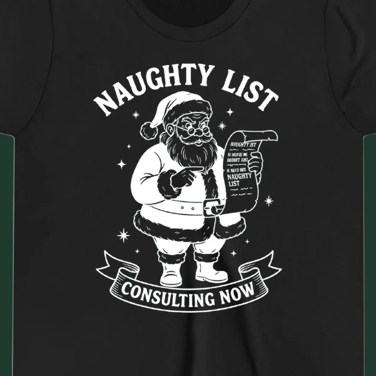 Illustration of Santa Claus pointing to his naughty list, with text "Naughty List Consulting Now".