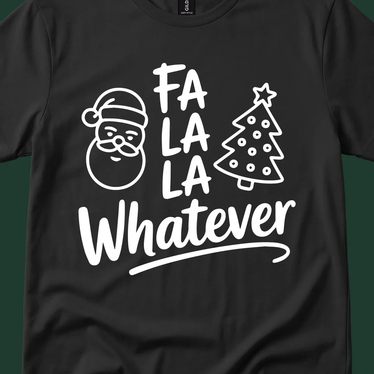 Fa la la whatever christmas design with Santa and tree illustration.