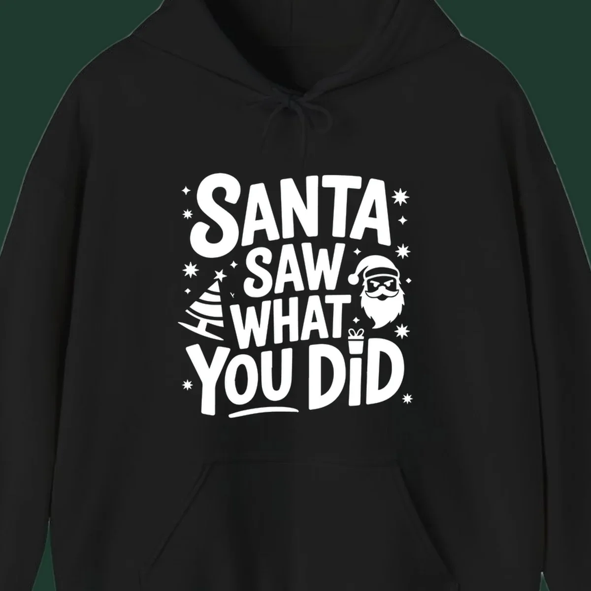 Santa saw what you did graphic t-shirt with Santa, tree, gift, and stars.