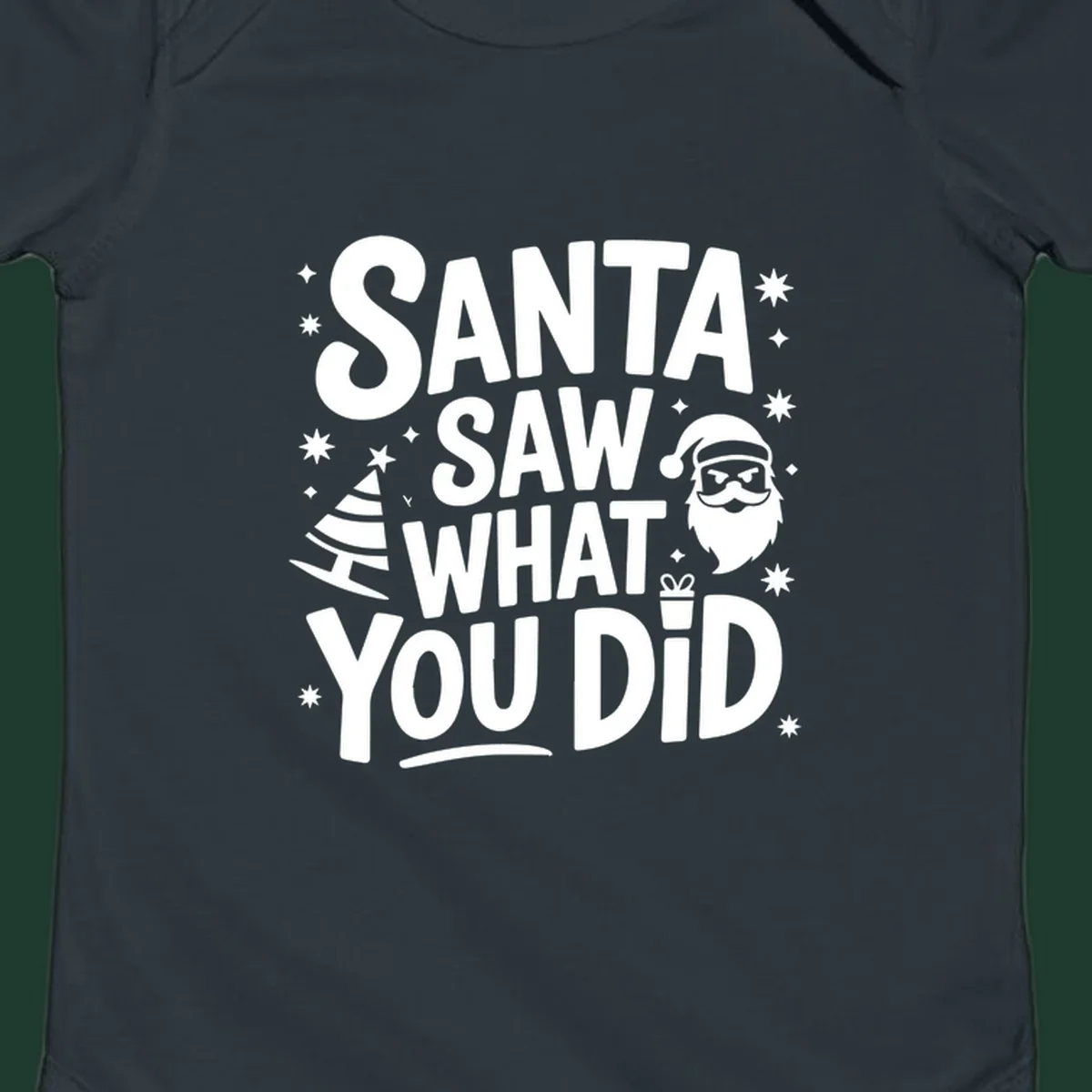 Santa saw what you did graphic t-shirt with Santa, tree, gift, and stars.