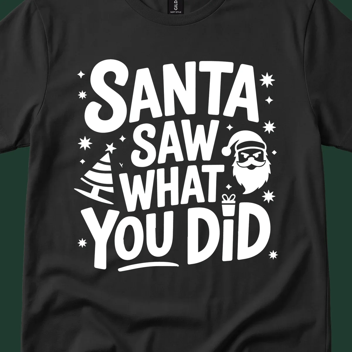 Santa saw what you did graphic t-shirt with Santa, tree, gift, and stars.