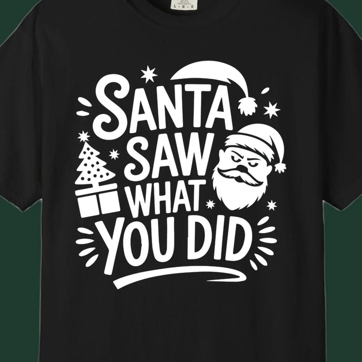 Santa Saw What You Did Christmas graphic with Santa's face and tree.