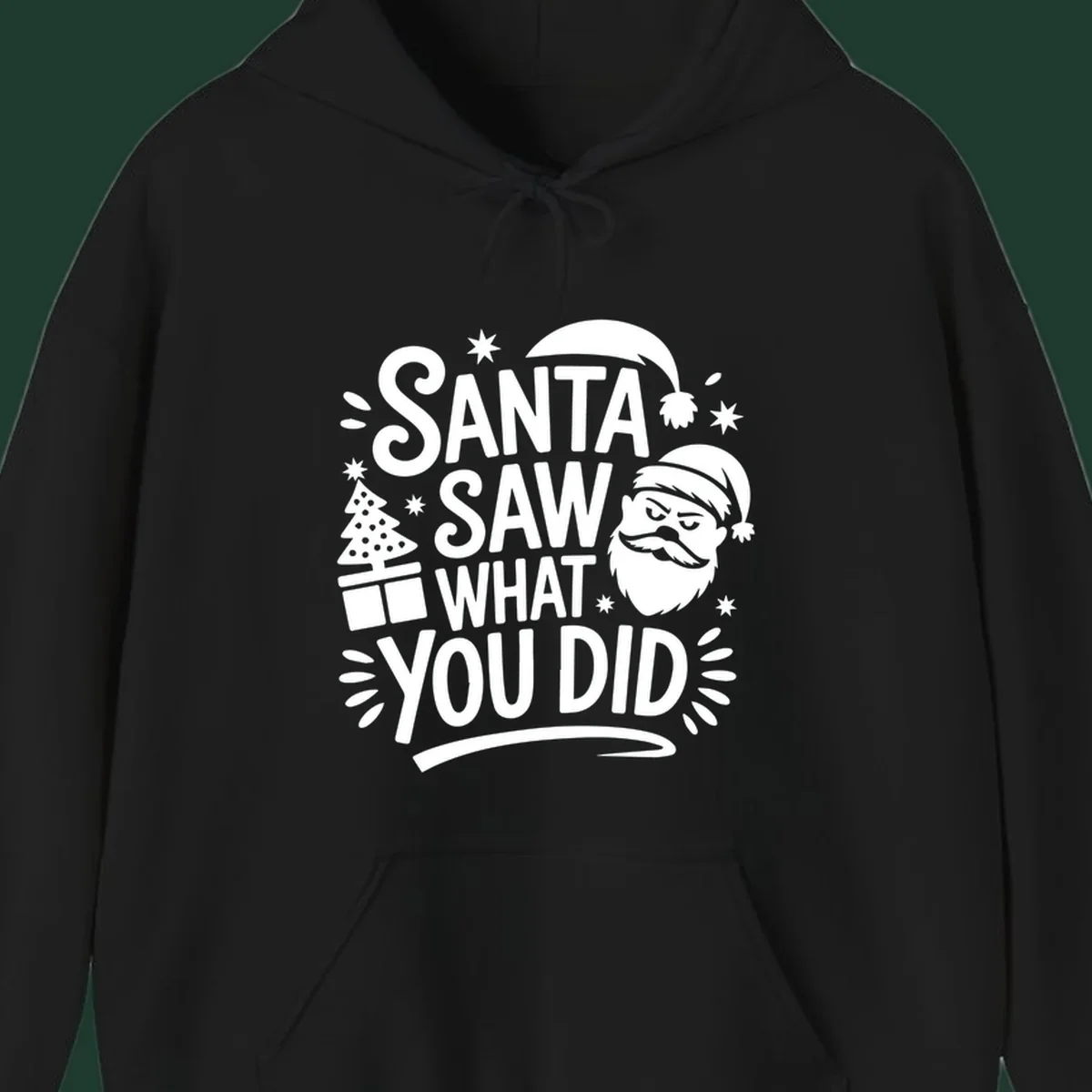 Santa Saw What You Did Christmas graphic with Santa's face and tree.