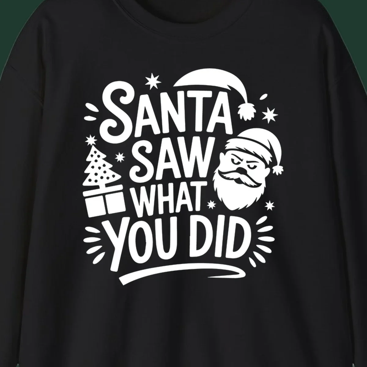 Santa Saw What You Did Christmas graphic with Santa's face and tree.