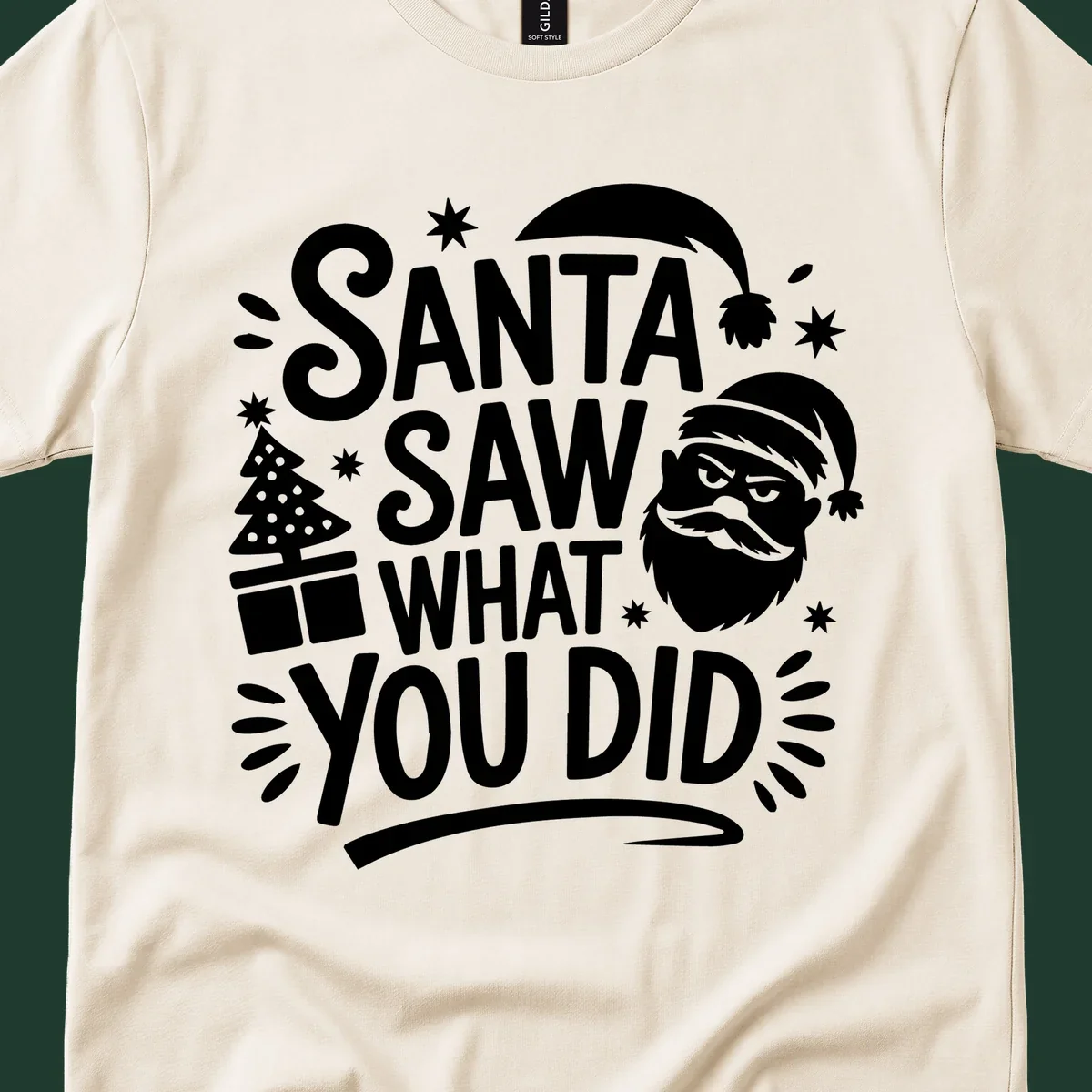Santa Saw What You Did Christmas graphic with Santa's face and tree.