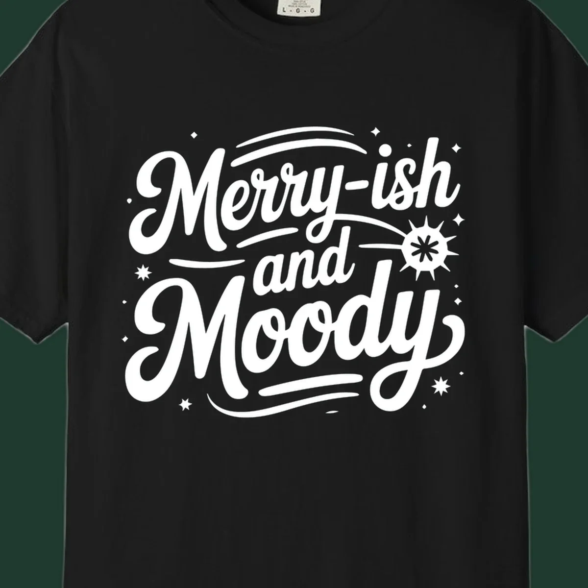 Merry-ish and Moody typography design with stars and a starburst graphic.
