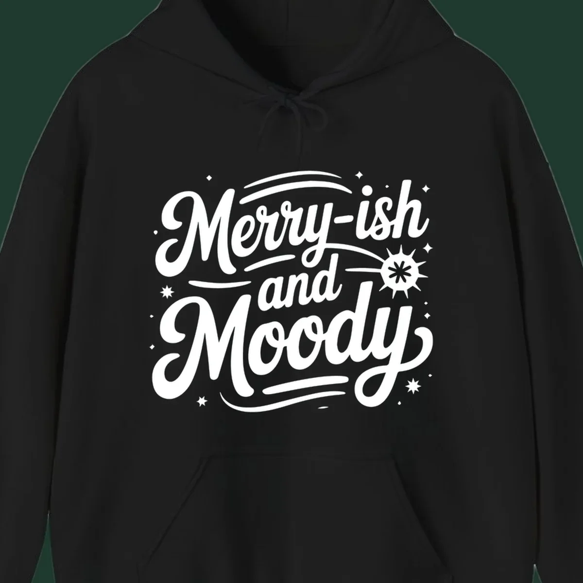 Merry-ish and Moody typography design with stars and a starburst graphic.
