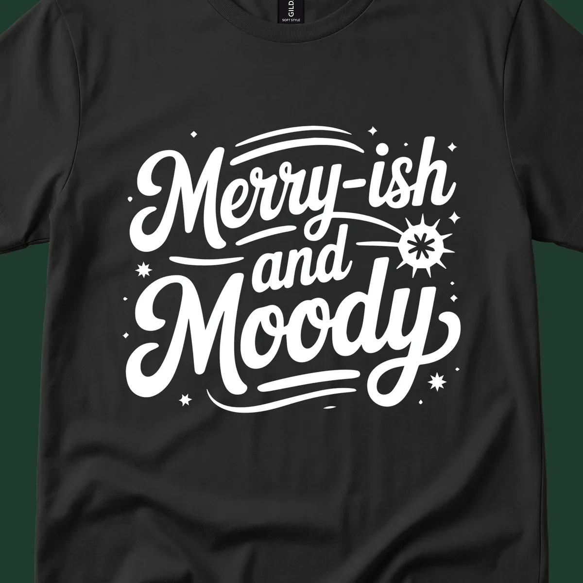 Merry-ish and Moody typography design with stars and a starburst graphic.
