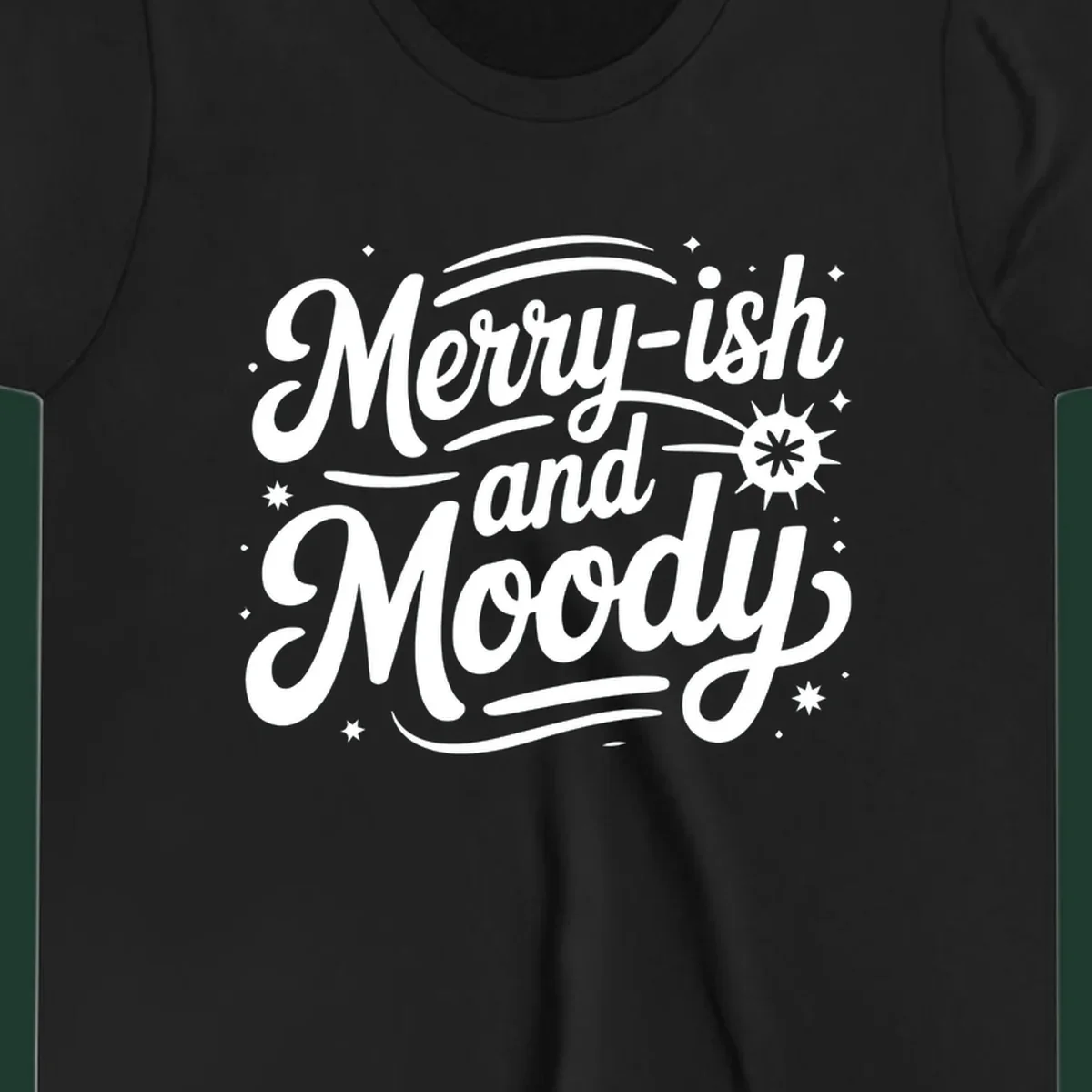 Merry-ish and Moody typography design with stars and a starburst graphic.