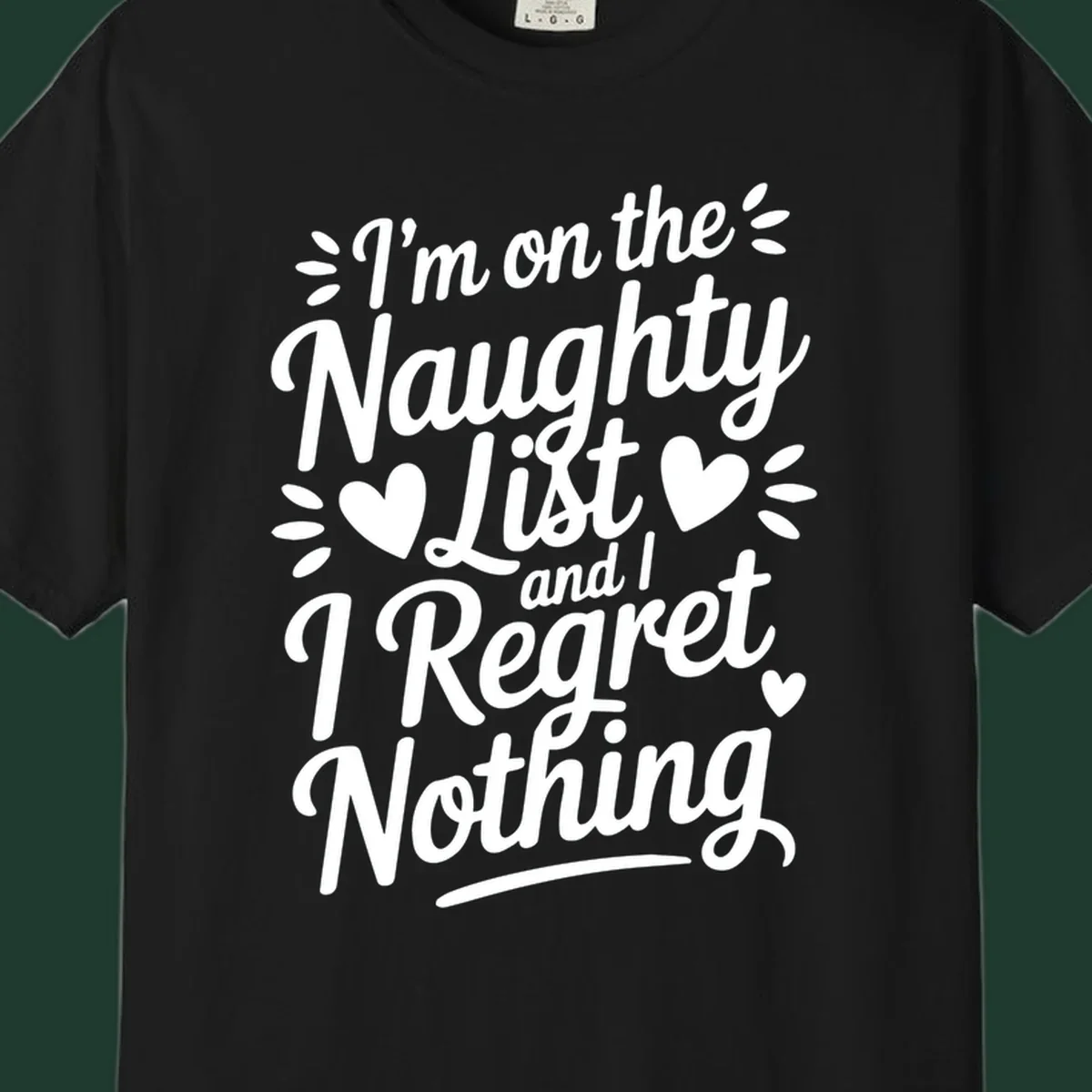 Naughty list regret nothing typography design with hearts and dots.