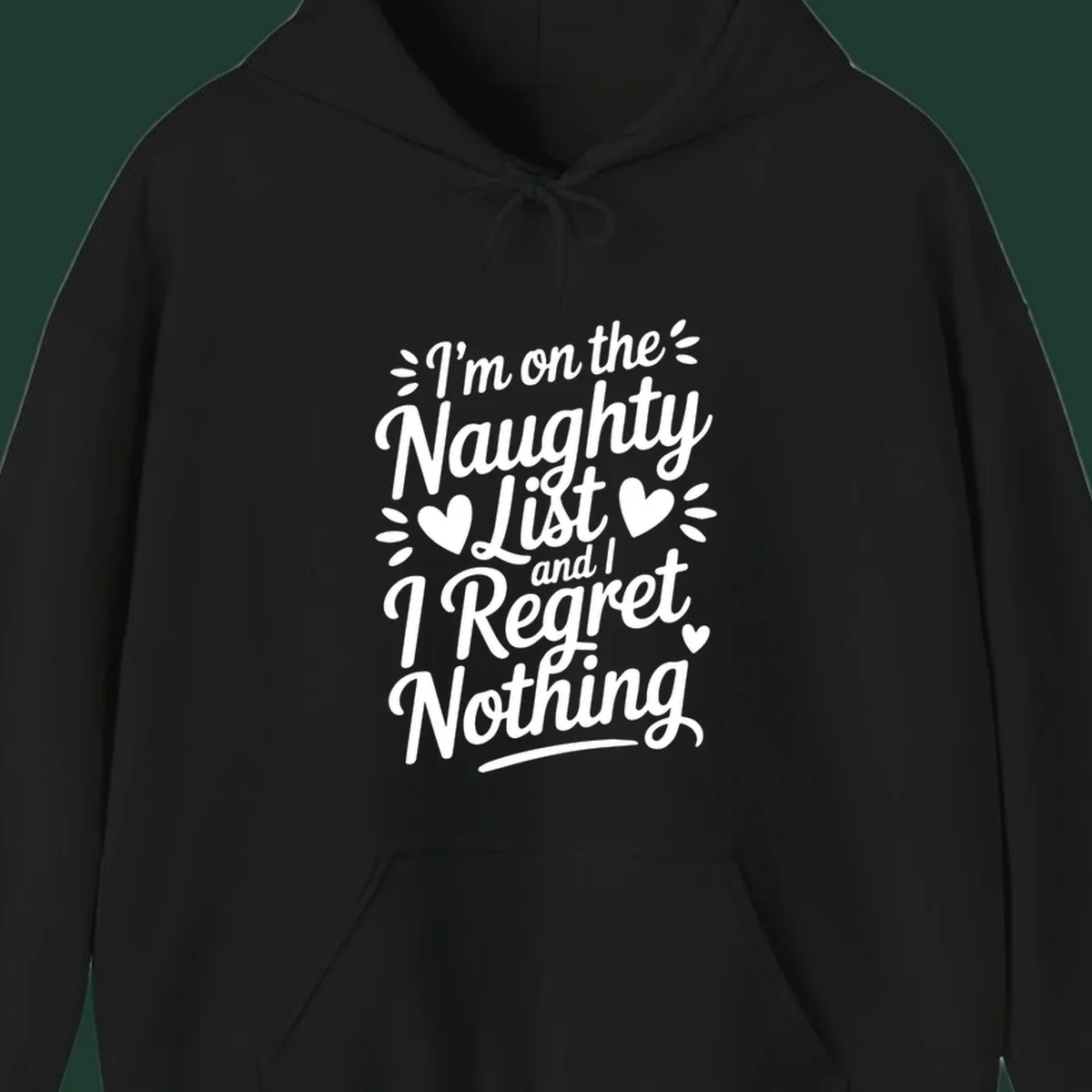 Naughty list regret nothing typography design with hearts and dots.