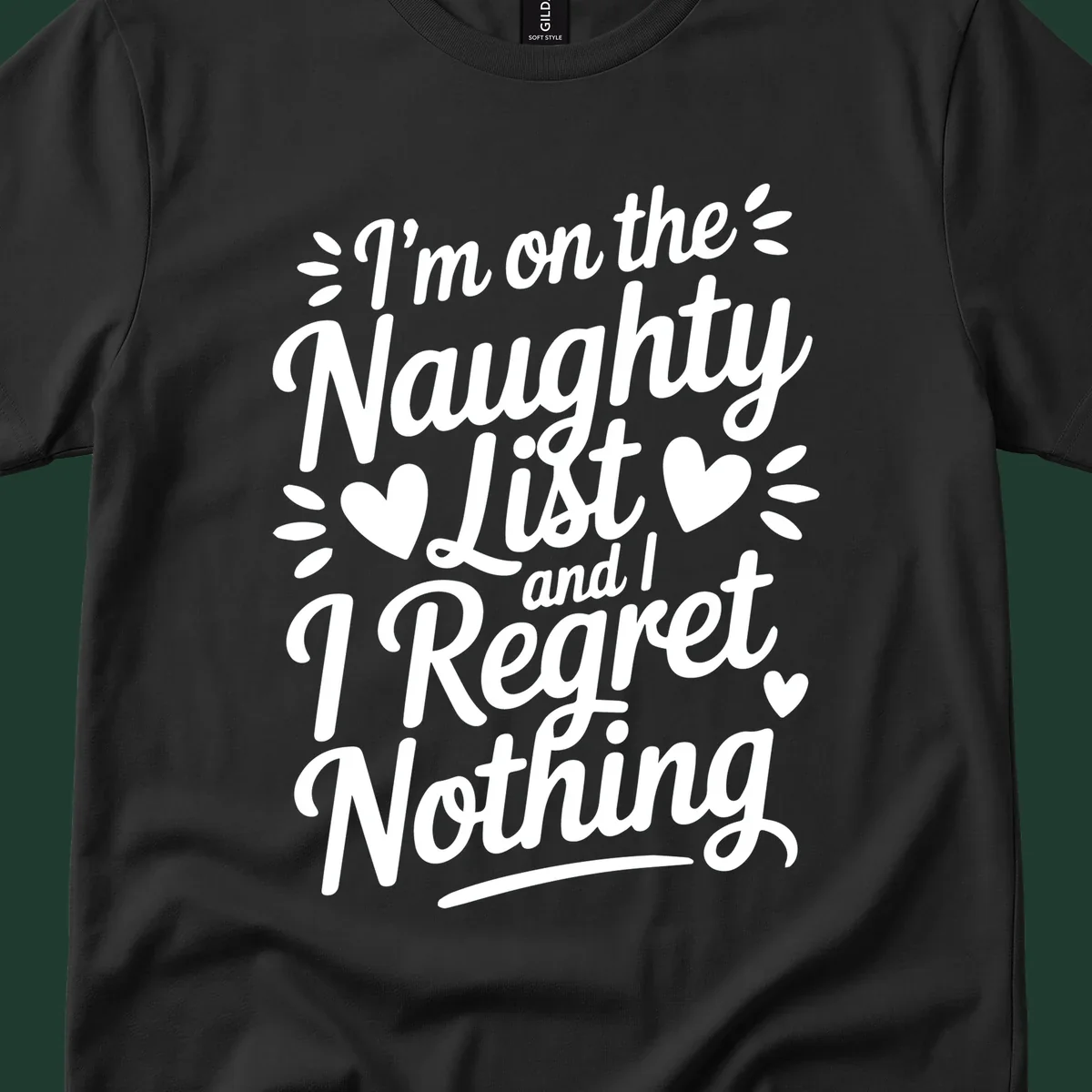 Naughty list regret nothing typography design with hearts and dots.