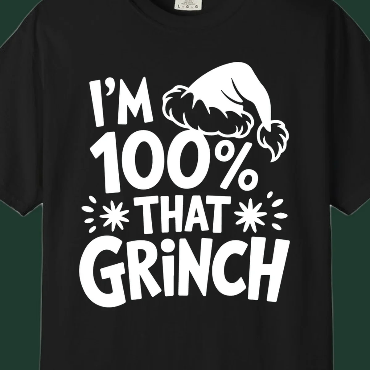 I'm 100% That Grinch text with Santa hat illustration. Primary keyword: that-grinch.