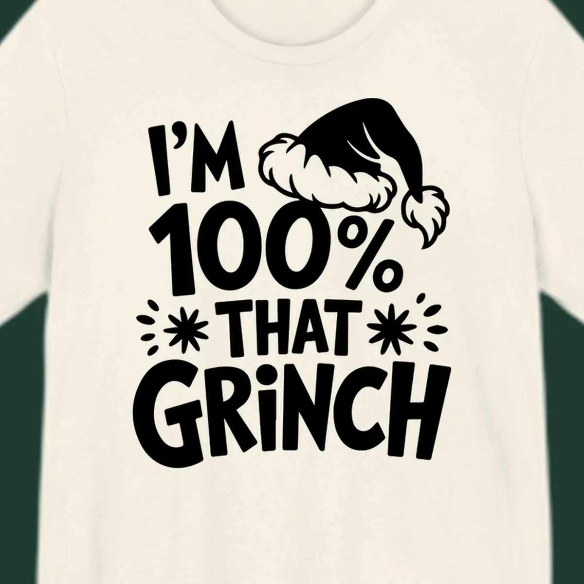 I'm 100% That Grinch text with Santa hat illustration. Primary keyword: that-grinch.