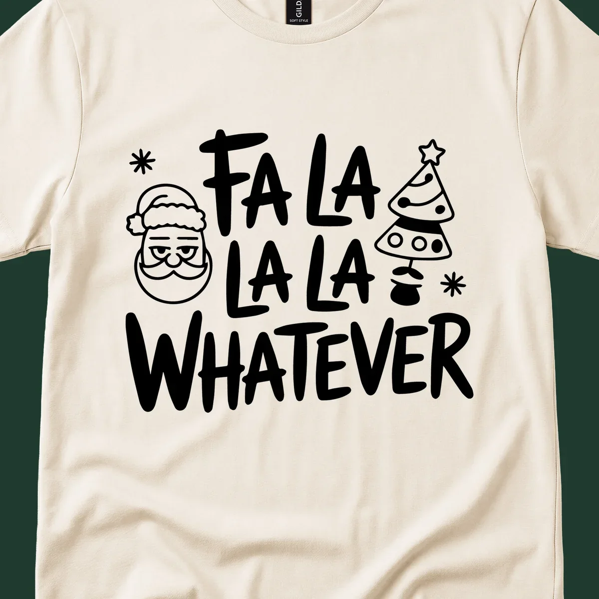 Fa la la whatever christmas graphic with santa and tree.