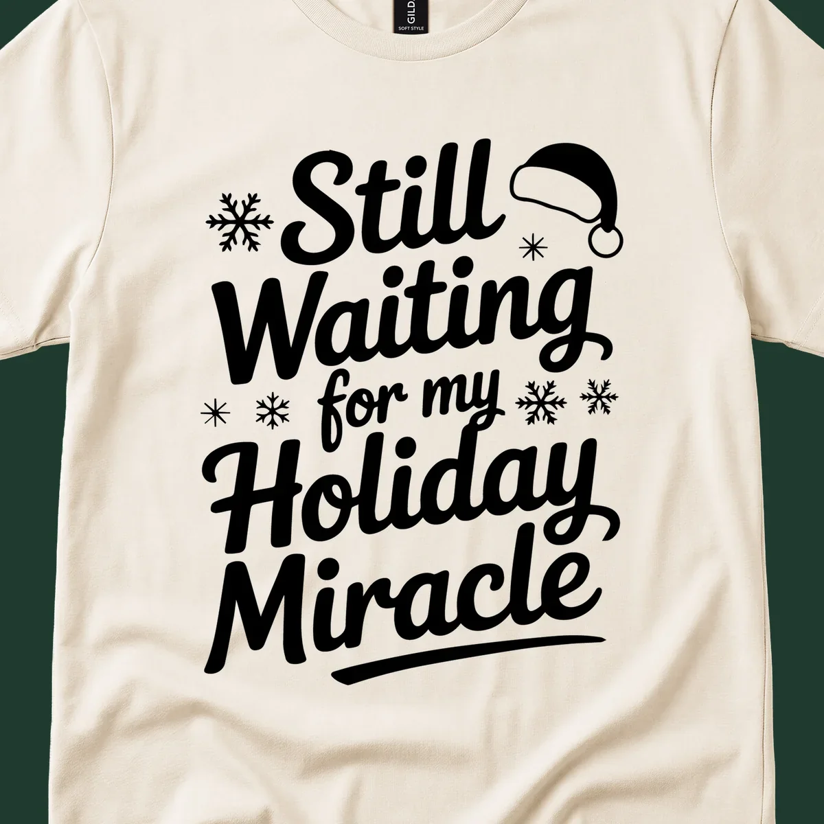 Text reading "Still Waiting for my Holiday Miracle" with snowflakes and a Santa hat graphic.