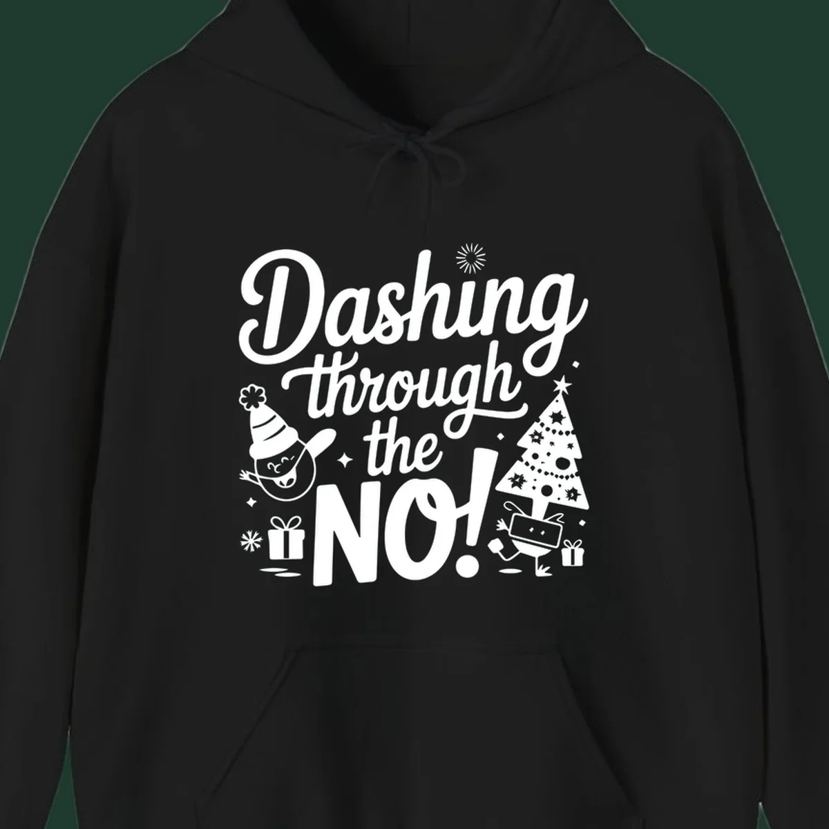 Dashing through the NO! Christmas graphic with text, tree, gifts, and characters.